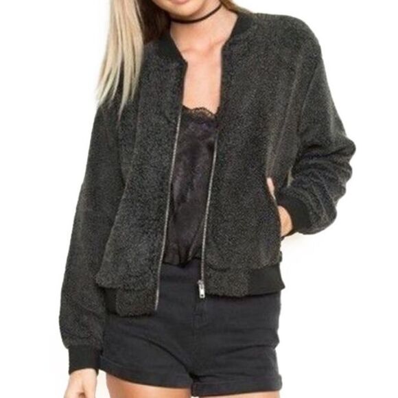 Brandy Melville Fuzzy Teddy Sherpa Bomber Jacket Gray Black Zip Up Coat Size S - Picture 11 of 11